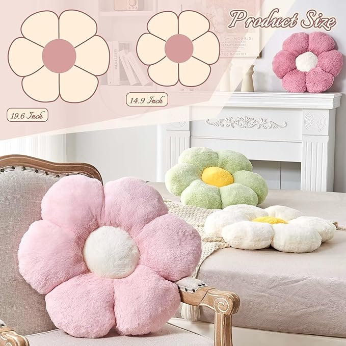 Dusty Rose Flower Pillow, Cute Decorative Flower Shaped Throw Pillow with Faux Rabbit Fur, 19.6" Soft Flower Plush Throw Pillow Floor Pillows Room Décor for Bedroom Living Room