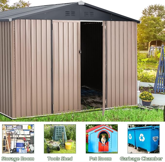 AECOJOY Shed 8' x 10' Outdoor Storage Metal Shed, Steel Yard Shed with Design of Lockable Doors, Utility and Tool Storage for Garden, Backyard, Patio, Outside use