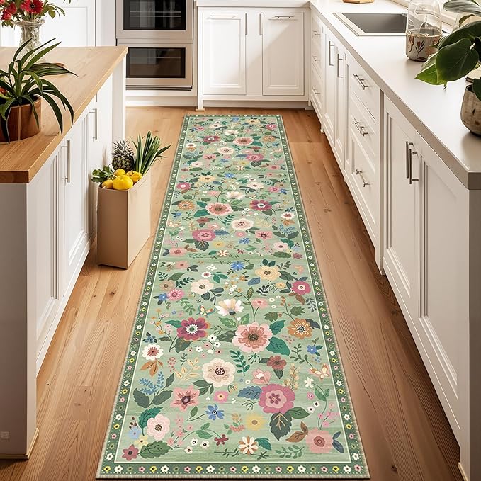 Floral 2x8 Area Rug Machine Washable Soft Print Boho Carpet Non Slip Doormat Low Pile Flower Area Rugs for Living Room Bedroom Nursery Kitchen Dining Room Indoor-Light Green