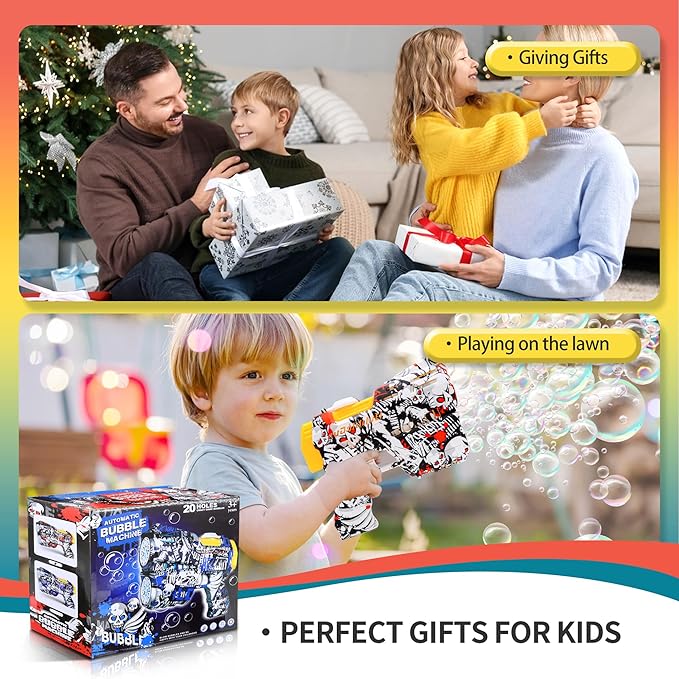 2 Pack Bubble Guns for Kids, Rechargeable LED Light Up Graffiti Bubbles Machine Blower with 2 Bottles Refill Solution for Kids 4-8, Bubble Makers Blaster for Toddlers