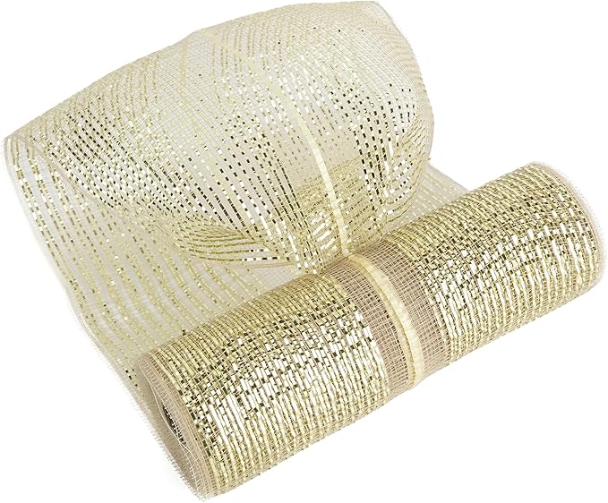 MEEDEE Champagne Deco Mesh 10 Inch Deluxe Wide Foil Metallic Pull Up Mesh Champagne Gold Mesh Ribbon for Christmas Tree, Wreaths, Garland, Gift Wrapping, Bows Making (30 Feet)