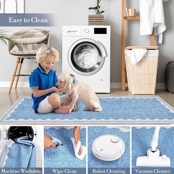 Scalloped Rug 2x6 Runners for Hallways, Solid Blue Runner Rug Non Slip Scalloped Bath Runner, Washable Rugs for Bedroom Girls, Rugs for Kitchen Floor Soft Dorm Nursery Carpet for Bedside