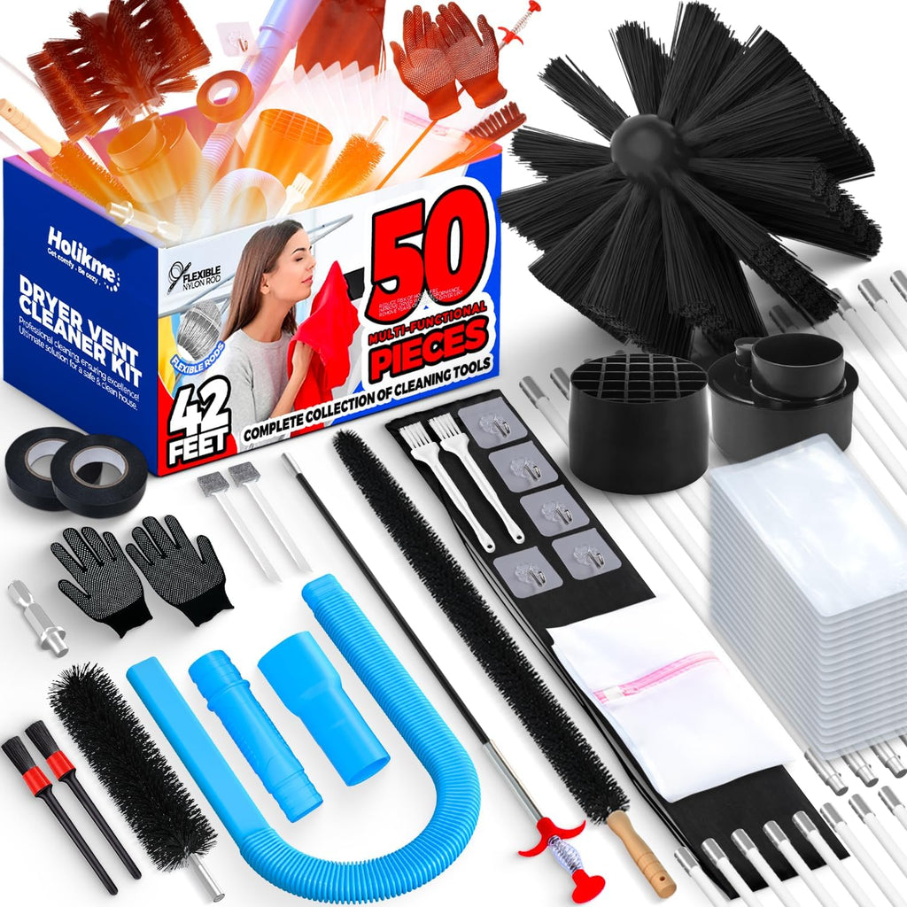 Holikme Dryer Vent Cleaner Kit Dryer Cleaning Tool Include Dryer Vent Brush, Omnidirectional Blue Dryer Lint Vacuum Attachment Dryer Lint Trap Brush, Vacuum & Dryer Adapters