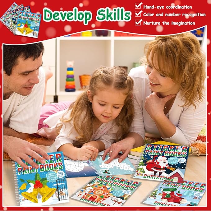 4 Pcs Christmas Paint by Sticker Books for Kids Ages 4-8 Sticker by Number Books Activity Book for Kids Ages 3-5 Sticker Puzzle Book Craft Art Toddlers Gift Snowman Santa Claus Xmas Tree 32 Pictures