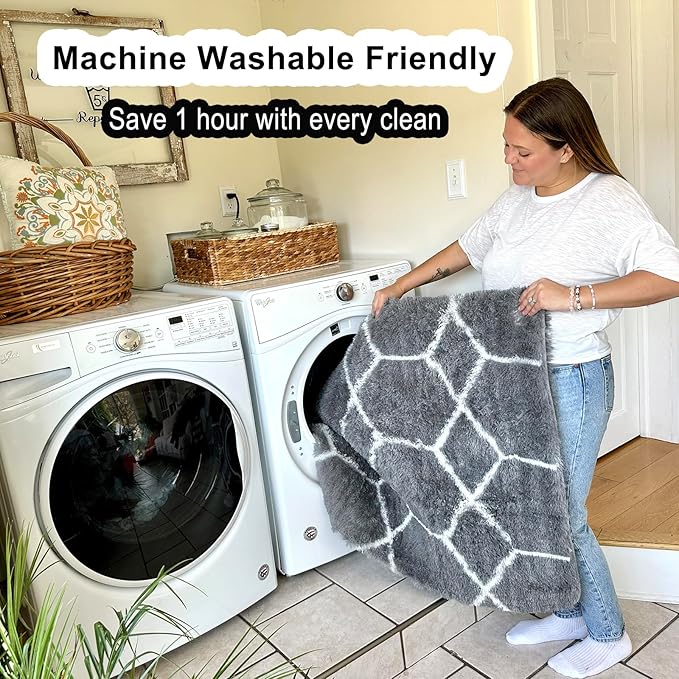 ONASAR Area Rugs for Living Room Bedroom, 5x8 Washable Fluffy Grey and White Rug, Geometric Boho Soft Plush Shaggy Fuzzy Floor Carpet for Nursery Kids Girls Boys Teen Dorm Home Decor Aesthetic