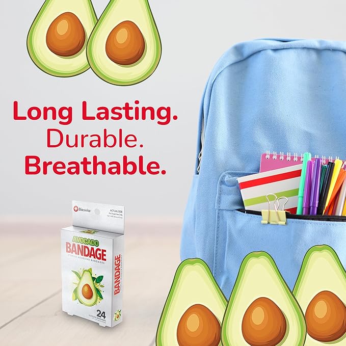 BioSwiss Bandages, Avocado Shaped Self Adhesive Bandage, Latex Free Sterile Wound Care, Fun First Aid Kit Supplies for Kids, 24 Count