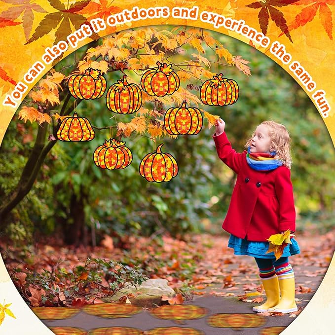 32 Sets Pumpkin Suncatchers Craft Kit DIY Window Stained Glass Effect Fall Pumpkin Paper Crafts Home School Classroom Autumn Thanksgiving Decor Kid Birthday Gift Creative Art Project Activity Game