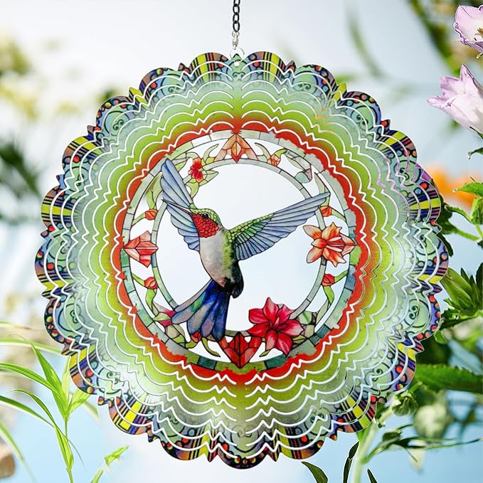 Wind Spinners Outdoor Hummingbird Decorations - Birthday Gifts for Women Mom Grandma, Hanging 12 inch 3D Sculptures for Garden Decor for Outside, Patio, Yard