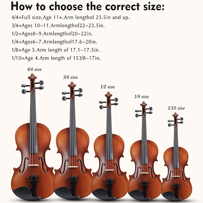 ADM 3/4 Size Wood Violin Set for Kids Teens Students Adults Beginner Acoustic Violin Matte Fiddle Starter Kit with Hard Case, Rosin, Shoulder Rest, Bow, Clip-on Tuner and Fingerboard Sticker