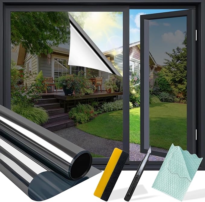 Niviy One Way Window Privacy Film with Installation Tools, Window Tint for Home, Mirror Window Film See Out Not in for Home Office, Black Silver, 17.5 Inch X 78.7 Inch