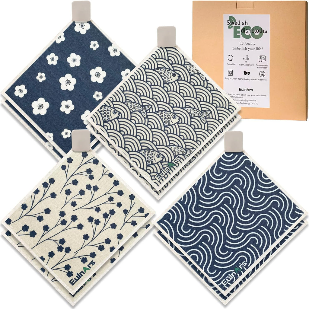 Swedish Dishcloths for Kitchen, 8 Pack Japanese Pattern Reusable Paper Towels with Clips, Non-Scratch Swedish Dish Towels, Super Absorbent Cellulose Dish Cloths, No Odor