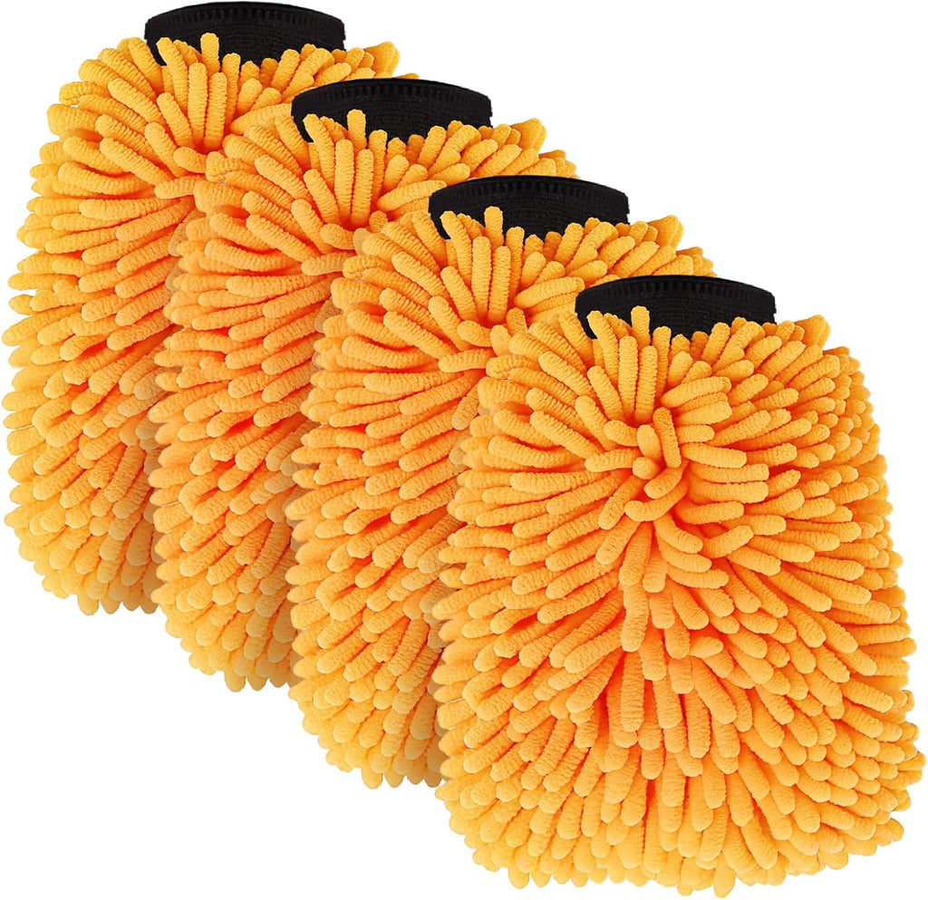 4 Pack Car Wash Mitt Microfiber, Premium Chenille Microfiber Wash Car Mitts Sponge Scratch Free & Lint-Free, Mitts Waterproof Lining Orange (8''X12'')