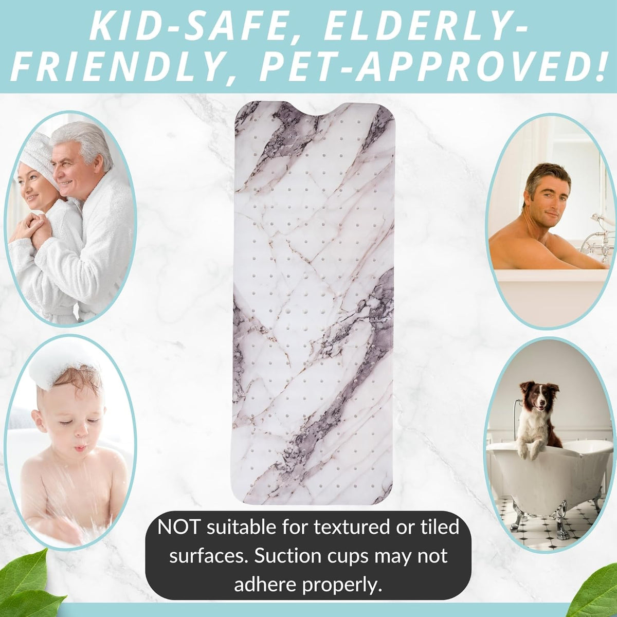 ENKOSI Bath Mat – Large 40 x 16 Inch Non-Slip Bathtub Mat with Suction Cups & Drain Holes – Extra Long Shower Mat for Tub with Marble Print Design (Grey Marble 40x16)