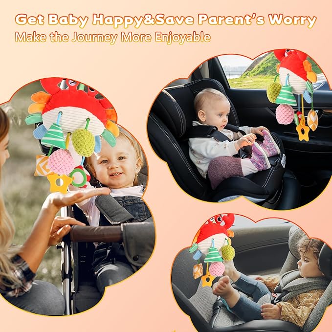 Car Seat Toys for Babies 0–12 Months, Hanging Infant Plush Rattle Toy with Mirror & Crinkle Clip-On Activity Toy for Car Seat, Stroller, Crib & Play Gym Baby Gift for Boys & Girls
