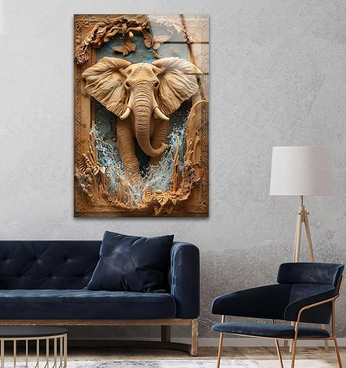 My Photostation.com 27Wx43H'' Elephant Carving Glass Wall Art Tempered Glass Printing Wall Decor Large Wall Art Wall Hangings