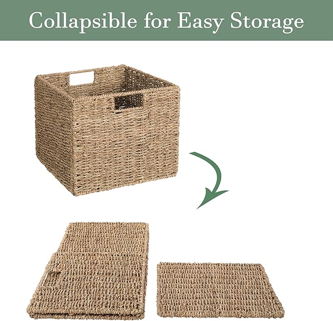 12x12x10in Seagrass Storage Baskets Set of 2, Large Wicker Storage Basket, Decorative Seagrass Shelf Basket, Pantry Baskets Organization,Folding Storage Cube Bins