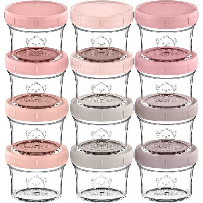 KeaBabies 12pk 4oz Glass Baby Food Containers with Lids - Leak-Proof, Microwavable Small Glass Jars, Baby Purees & Toddler Snack Storage Containers, BPA-Free, Dishwasher & Freezer Safe (Roseate)