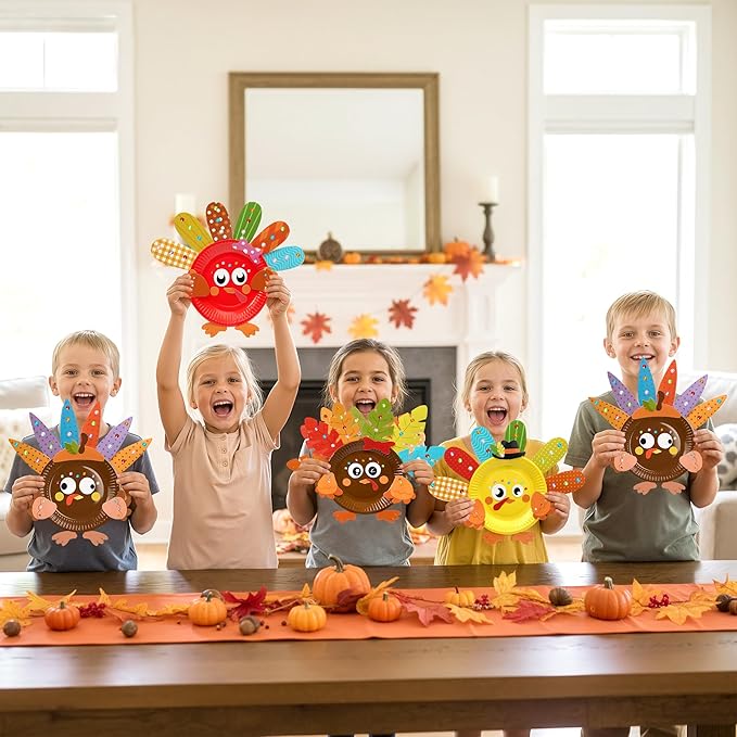 Bafeil 24 Sets Thanksgiving Turkey Craft Kits DIY Autumn Make a Turkey Paper Plate Crafts Turkey Ornaments Decorations Art Sets for Festive Fall Autumn Thanksgiving Party Classroom Activities