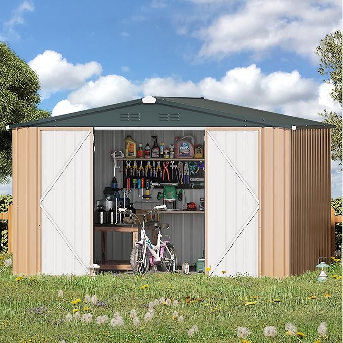 AECOJOY Shed 8' x 10' Outdoor Storage Metal Shed, Steel Yard Shed with Design of Lockable Doors, Utility and Tool Storage for Garden, Backyard, Patio, Outside use