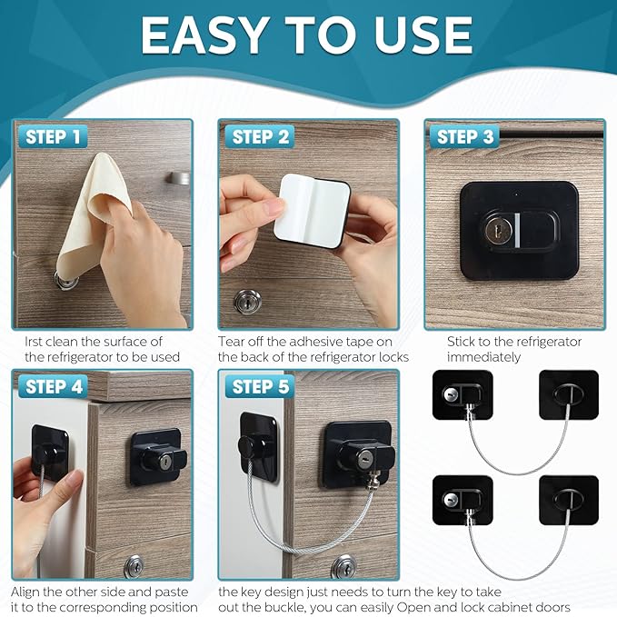 12 Pack Refrigerator Lock with 12 Keys Fridge Locks Combination Adhesive Child Safety Cabinet Freezer Door Lock Adult File Drawer Kitchen Appliance Furniture Closet(Black)