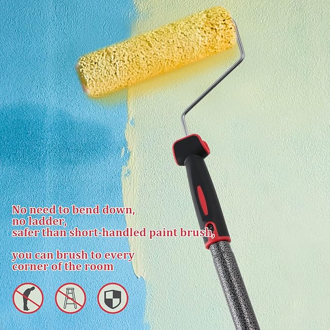 Multi-Function Paint Roller Kit - 72in Stainless Steel Pole, Mural Brush for Walls & Ceiling, No Drip, Grey