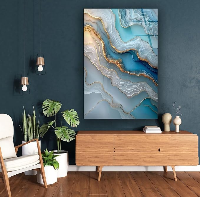 My Photostation.com 30Wx35.5H'' Turquoise and Blue Alcohol ink Glass Wall Art Tempered Glass Printing Wall Decor Large Wall Art Wall Hangings