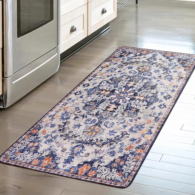 Lahome Bohemian Floral Medallion Runner Rug - 2x4 Blue Soft Bathroom Rug Runner Entry Way Mat, Washable Non Skid Laundry Room Carpet Runners for Living Room Dining Room Kitchen Entrance