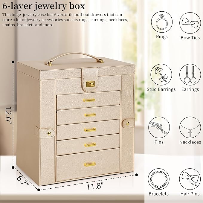 AKOZLIN Huge Jewelry Box Organizer Functional Extra Large Leather Jewelry Storage Case for Women Girls Ring Necklace Earring Bracelet Holder Organizer with Mirror