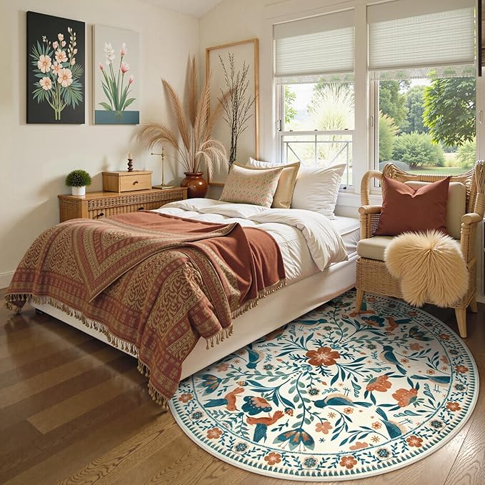 Moynesa Boho Bird Round Rug 6ft, Machine Washable Circle Area Rug for Living Room Ultra Thin Soft Large 6'x6' Bedroom Carpet for Office Kitchen Dining Room Under Table, Indoor, Easy Clean, Beige