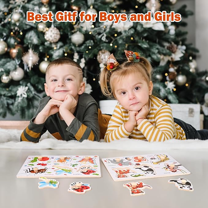 Wooden Peg Puzzles for Toddlers 1-3, 6 PCS Puzzles for Kids, Montessori Toddler Numbers, Vegetables, Fruits, Insects, Sea and Animals Puzzles, Great Preschool Gifts for Girls and Boys