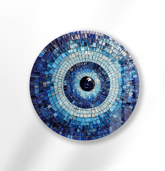 My Photostation.com 10''(25cm) Diameter Blue Mosaic Evil Eye Round Glass Wall Art Tempered Glass Printing Wall Decor Large Wall Art Wall Hangings