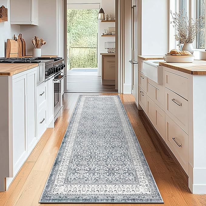 jinchan Hallway Runner Rug 2x10 - Machine Washable Grey Vintage Floral Distressed Design Soft Non-Slip Low-Pile Ultra-Thin Runner Rug for Kitchen Laundry Room Bedroom Farmhouse (2‘x10',Grey)