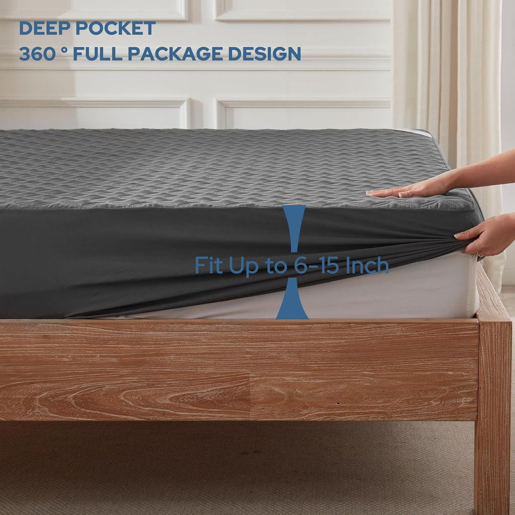 BEDLORE Waterproof Mattress Protector, Noiseless Twin XL Size Mattress Pad with Deep Pocket Fitted Up to 6"-15", Soft Breathable Dirt-Proof Mattress Cover for College Dorm (Gray)