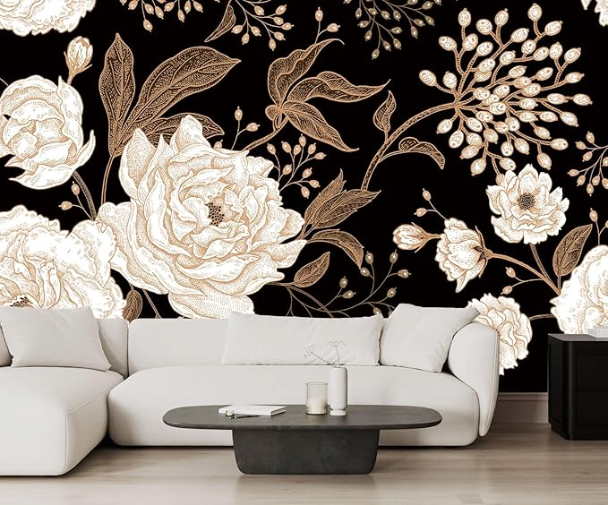 Vintage White Rose Floral Wallpaper Peony Wall Mural Large Black Background Wall Decor for Living Room Bedroom Dining Room Basement(Not Self-Adhesive)