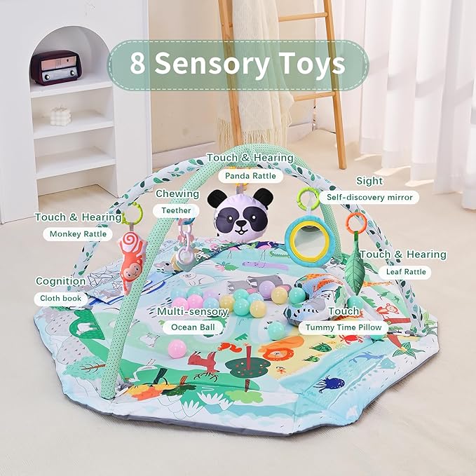 Baby Play Gym & Activity Mat,10-in-1 Tummy Time Mat,Panda Washable Baby Playmat with Detachable Toys,2 in 1 Baby Mat & Fence for Sensory Exploration and Motor Skill Development at Different Stages
