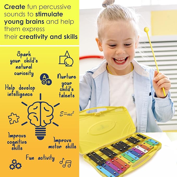 MINIARTIS Glockenspiel Xylophone | 25 Note Colorful Metal Keys Xylophone for Kids | Percussion Musical Instrument | Educational Music Toy Includes Music Songbook, Mallets and Yellow Carry Case