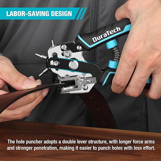 DURATECH Leather Hole Punch, Heavy Duty Belt Hole Punch Plier with 6 Solid Holes for Belts, Watch Bands, Straps, Pet Collars, Saddles, Shoes, Fabric, DIY Home or Christmas Craft Projects