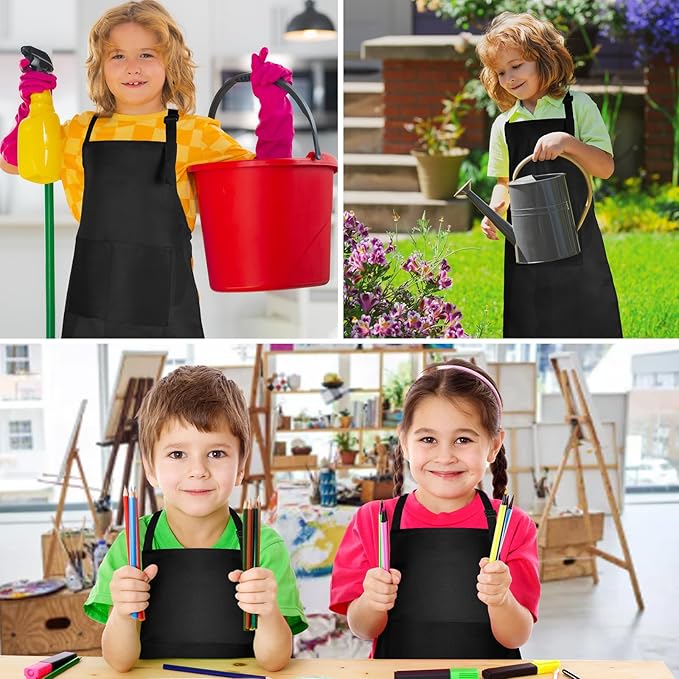 PLULON 15Pcs Kids Paint Aprons Bulk Art Painting Apron for Kids, Paint Apron Adjustable Children Chef Aprons with 2 Pockets for Girls Boys Painting Baking Cooking Crafting (Black)