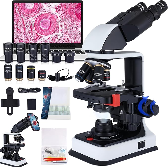 40X-2500X Binocular Microscope, WF10x and WF25x Eyepieces, LED Illumination, with Specimen Handpiece Holder, for Beginners, Microscope for Adults