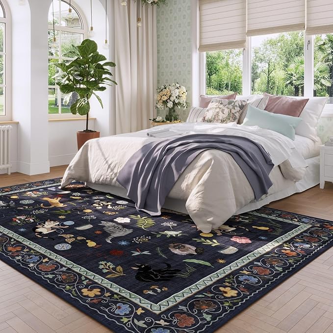 Rugcomf Living Room Rug 5x7 Rug Machine Washable Boho Area Rug Non Slip Floral Animal Cat Vintage Low Pile Large Rugs for Living Room Bedroom Farmhouse Dining Room Kids Playroom, Cobalt Blue