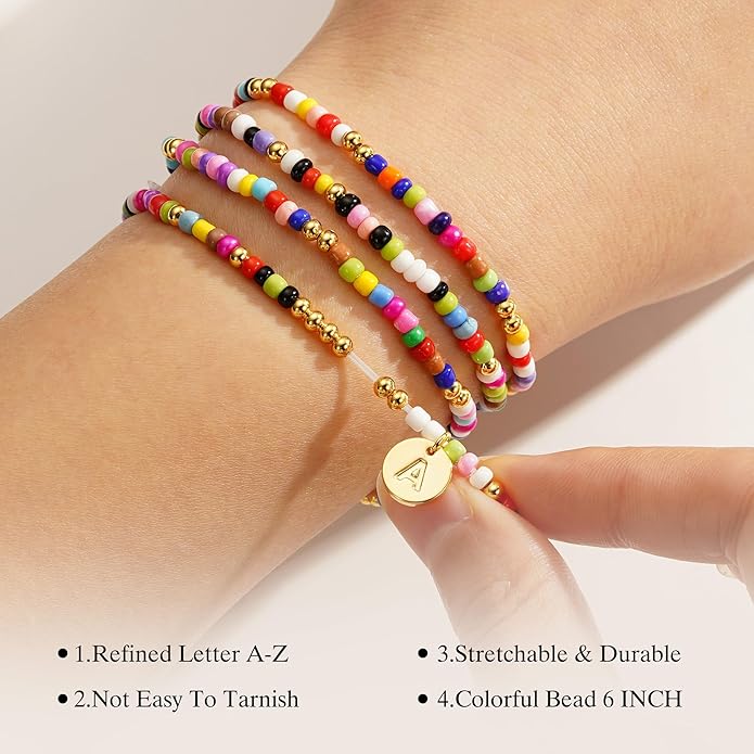 Turandoss 4PCS Colorful Beaded Initial Bracelets for Women Teen Girls - Cute Stretch Beaded Bohemian Disc Initial A-Z Stackable Bracelets Jewelry for Girls Women Teens Birthday Gifts