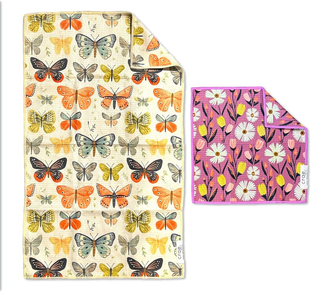 Microfiber Hand Towel & Washcloth Set of 2 - Double-Sided, Waffle Weave, Super Absorbent, Lint-Free, Fast Drying - Wings & Flower Farm Pattern for Bathroom, Kitchen, Car, and Window Cleaning