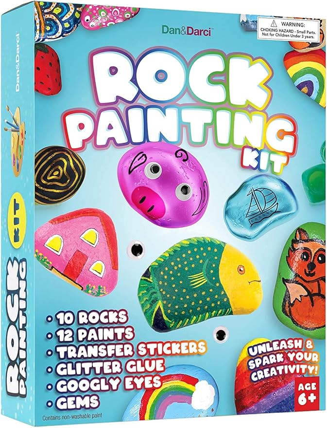 Dan&Darci Rock Painting Kit for Kids - Arts and Crafts for Girls & Boys Ages 6-12 - Craft Kits Art Set - Supplies for Rocks Paint - Best Tween Gift Ideas for Kid Activities Age 6 7 8 9 10 11