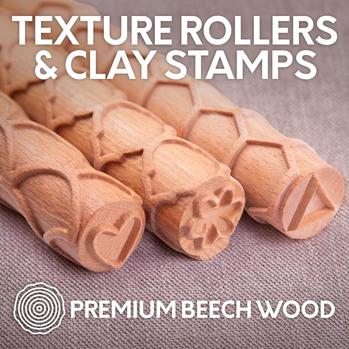 Byllstore Extra Large Clay Texture Rollers with Pottery Stamps | 3 Texture Rollers | 6 Clay Stamps | 3-Pack (9" x 1.2", 3 Pack)