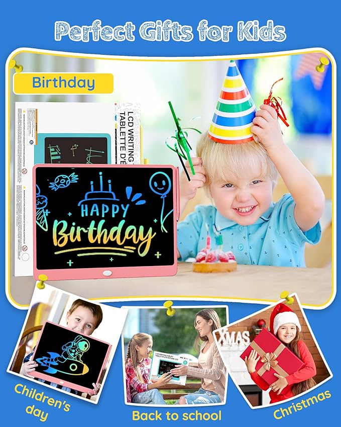 TEKFUN LCD Writing Tablet Doodle Board, 16 Inch Colorful Drawing Tablet Writing Pad,Toddler Toys for 3 4 5 6 7 8 9 Year Old Girls Boys Teen Adults,Birthday Gifts for Kids (Pink)