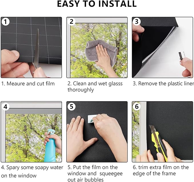 Kromapolis Blackout Window Privacy Film Total Light Blocking Room Darkening Window Covering, Removable Static Cling Frosted Glass Tint, Non-Adhesive, Black 35.4'' x 78.7''