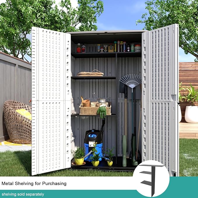 Outdoor Storage Shed,KINYING Outdoor Storage Cabinet Waterproof with Double Doors,52 Cu.ft Resin Vertical Tool Shed for Garden,Patio,Backyard,4×2.5×6.6 FT