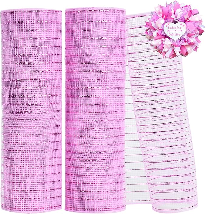 TONIFUL 2 Rolls 10 Inch Pink Decorative Mesh Ribbbon Rolls, Fabric Mesh with Foil for Wreath Supplies, Front Door Wreath Crafts Tree Decor Christmas NewYears Halloween Decoration (10 yds/roll)
