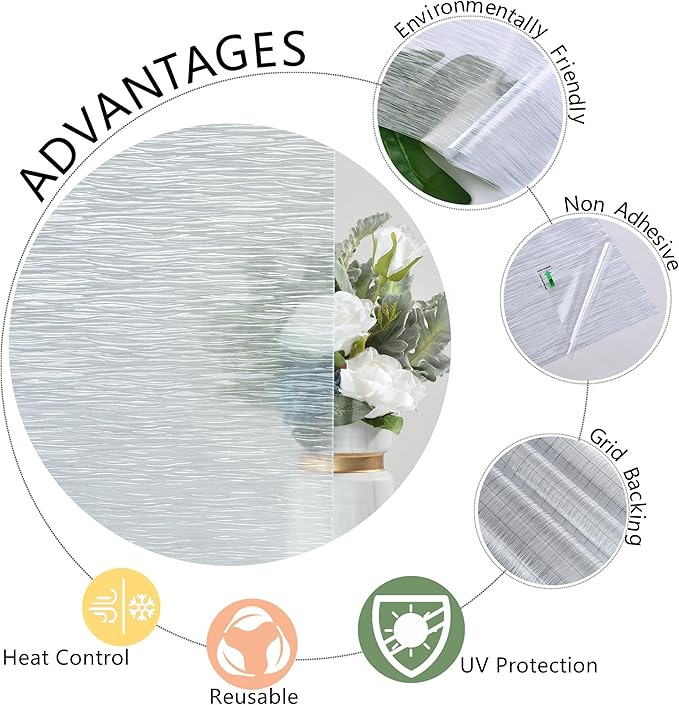 VELIMAX Frosted Window Privacy Film Non Adhesive Window Cling Removable Glass Covering Clear Water Opaque Window Film for Home Anti UV 23.6x78.7 inches
