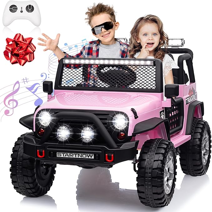 24V 4WD Ride on Truck Car w/800W Motors, Gift Flower, Remote Control, 2 Seaters, Light Bar, 3 Speeds, Pop Music, Power Four Wheels, 25 Volt Ride on Toy Car for Big Kids, Pink